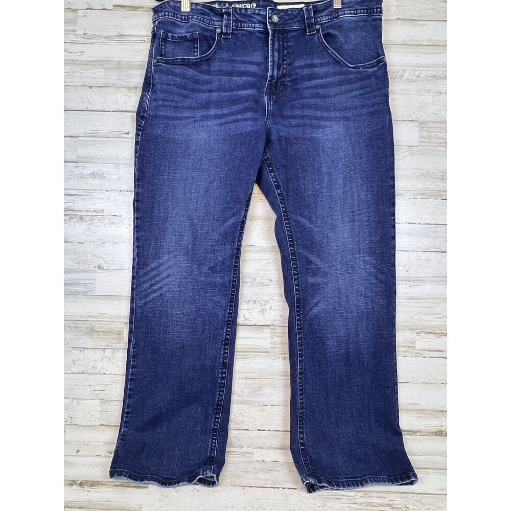 TK Axel Jeans Mens (Tag 40x32) 39×30 Slim Boot Cut Blue Denim Stitched Dark Wash